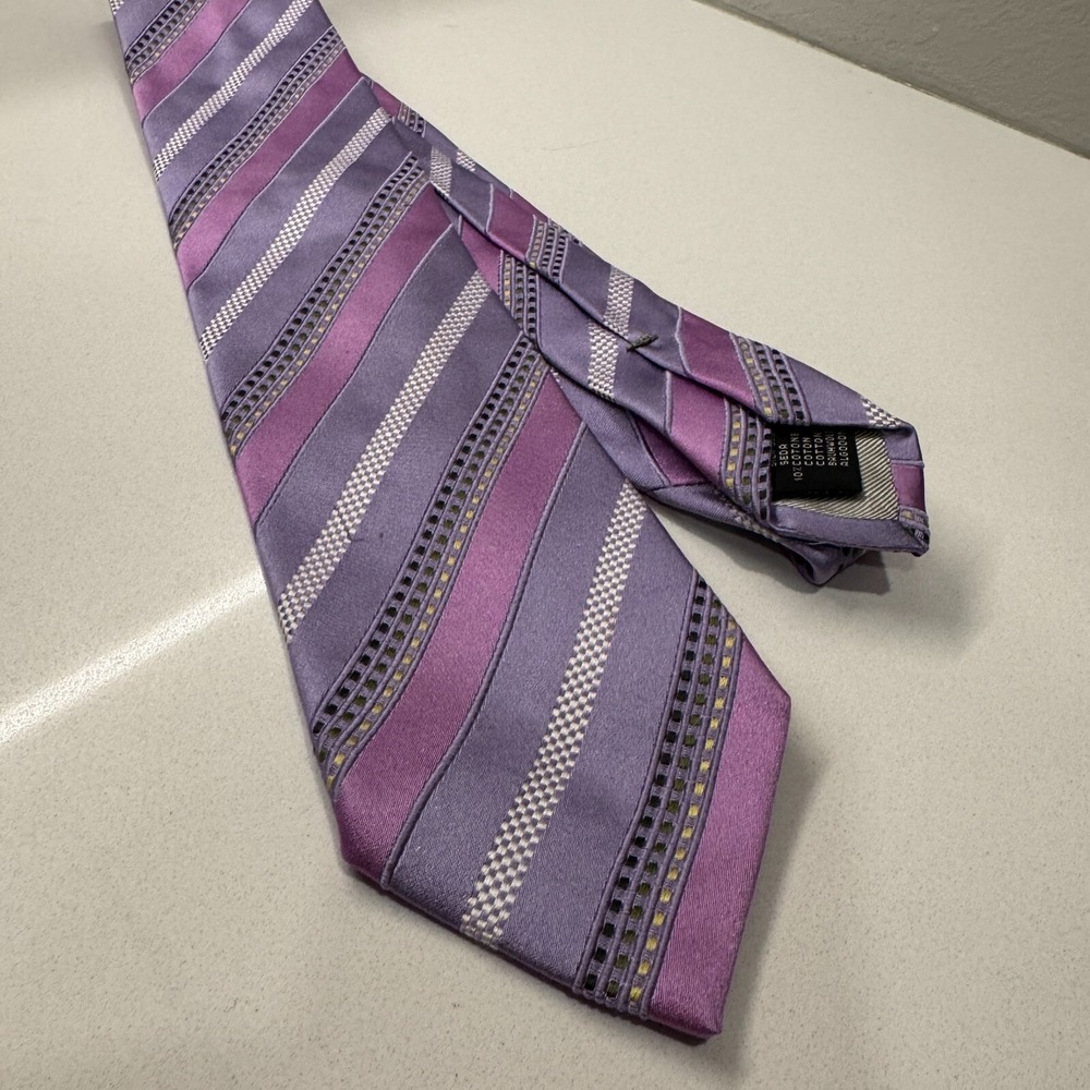 Ermenegildo Zegna Tie Mens Necktie Stripe Purple Silver Silk Blend Geometric